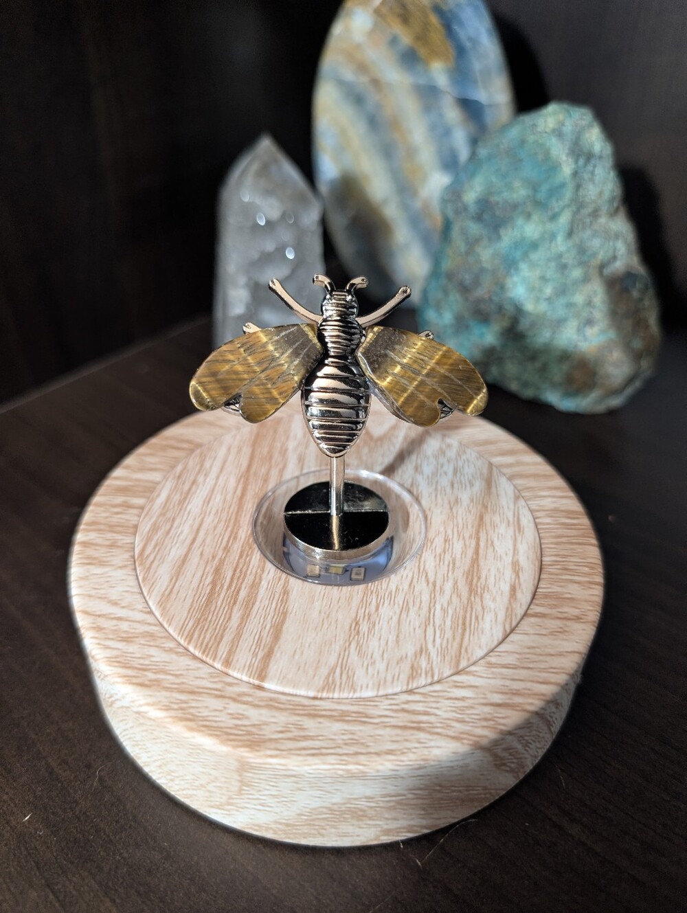 Tigers Eye Crystal Bee Carving on Silver Stand